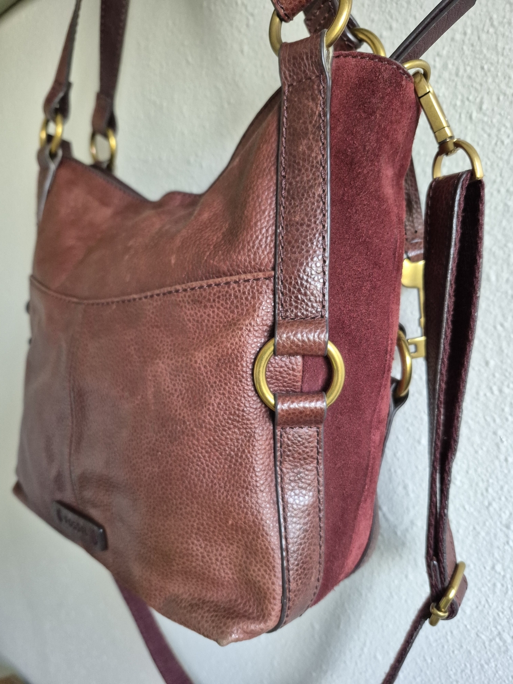 Fossil Sam Claret Red Burgundy Leather Suede Sides Shoulder Bag Crossbody - Picture 6 of 12
